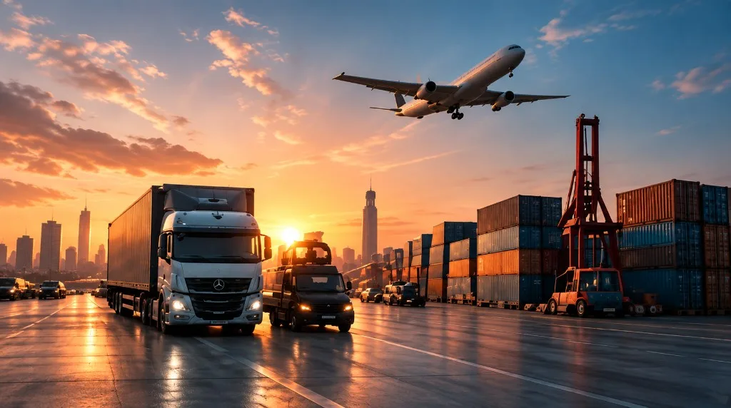 Multi-modal logistics hub with trucks, containers and air freight