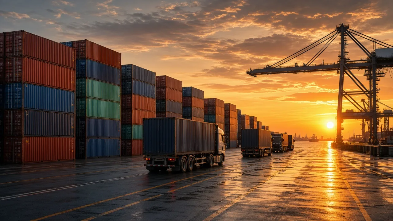 Shipping port with containers and trucks at sunset