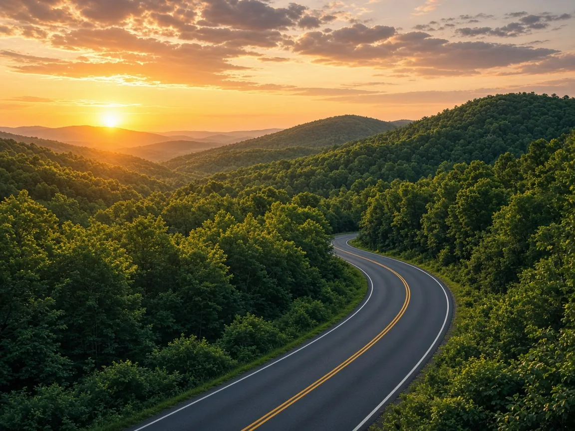 Highway winding through green hills at sunset