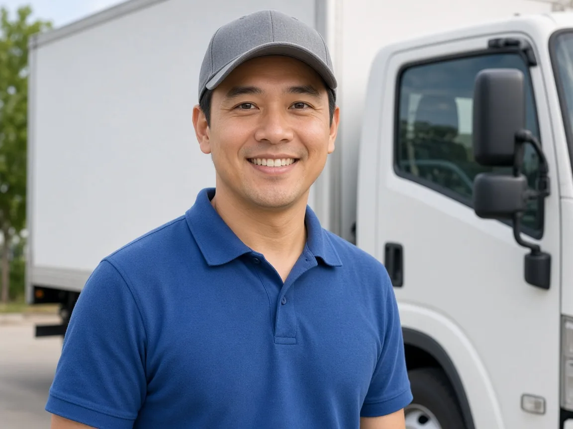 Delivery professional standing in front of a logistics truck