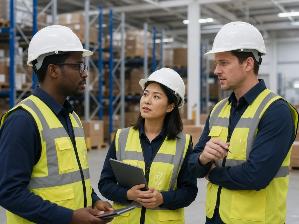 Logistics workers in safety gear discussing work in a warehouse